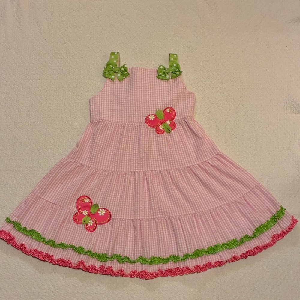 Emily Rose Pink Checkered Dress with Butterfly and Green Bow